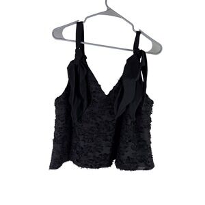 Julia Allert Black Textured Beaded Tie Shoulder V-Neck Top XL New